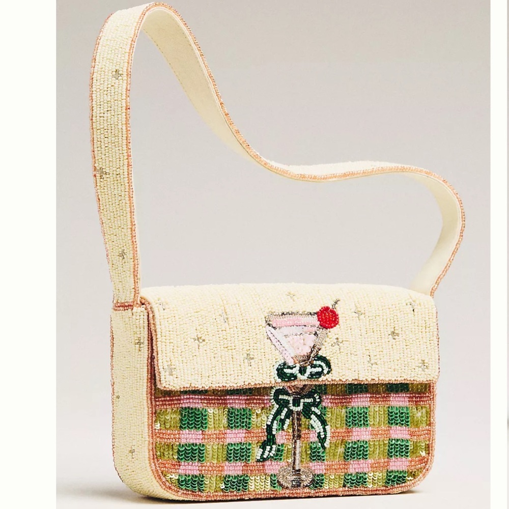 Anthropologie Cream and Green Beaded Shoulder Bag